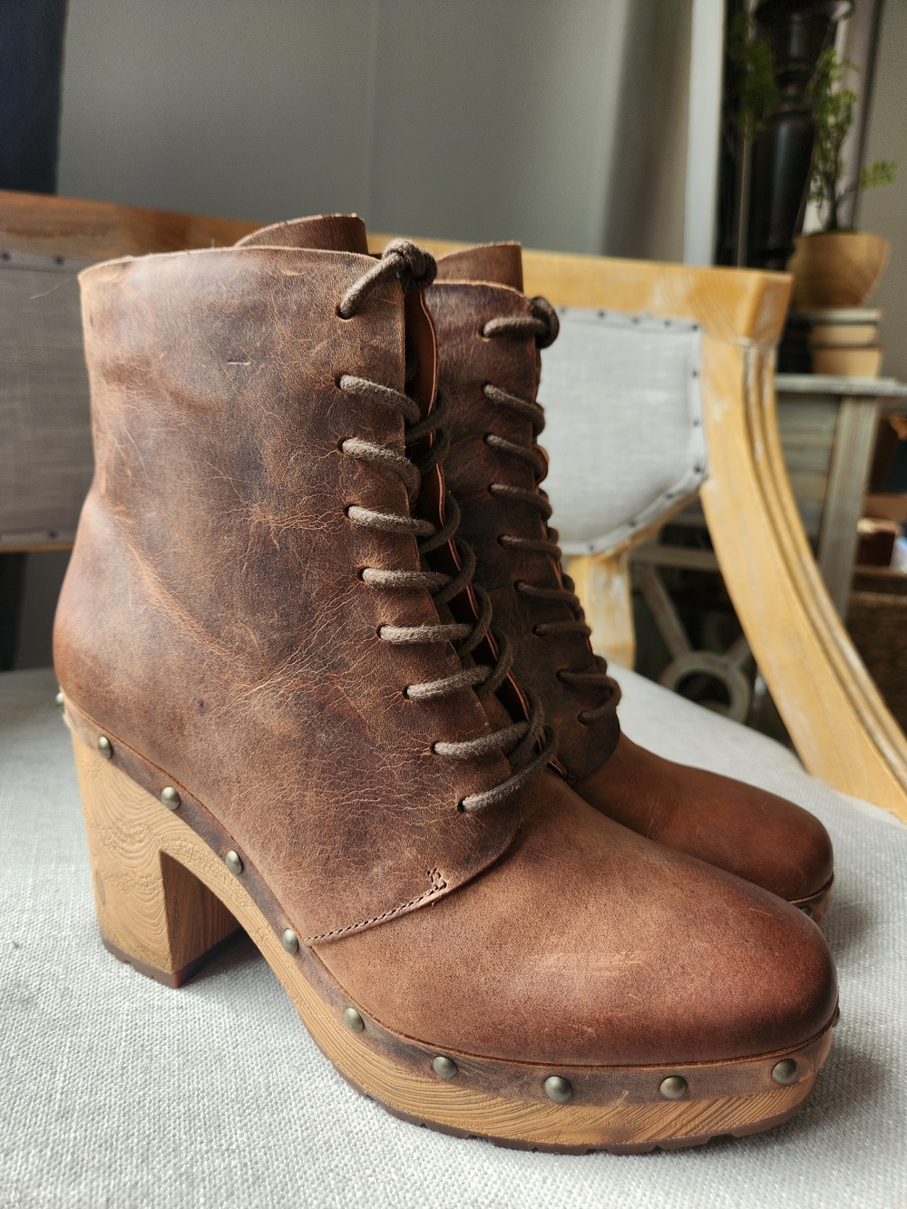Kork-Ease Brown Leather Lace-Up Platform Booties Shearborn 7.5 Boho Clog Boot - Picture 2 of 13